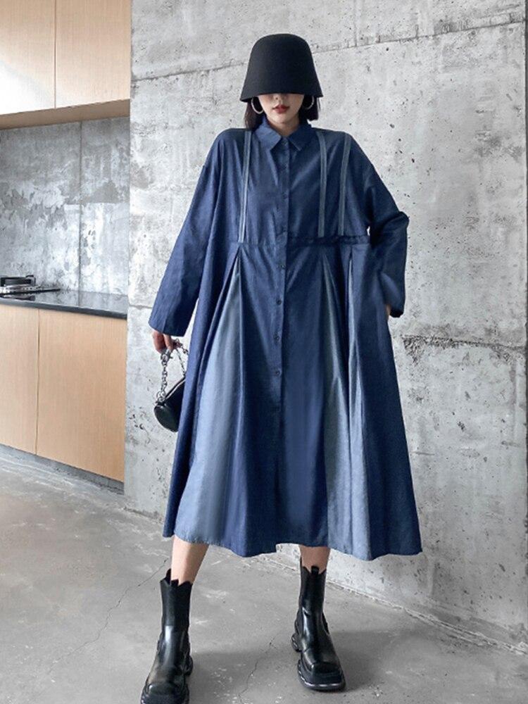 Xitao Patchwork Einreiher Kleid Frauen Persönlichkeit Mode Lose Polo-ausschnitt Volle Hülse Kleid Korea Neue ZY8149