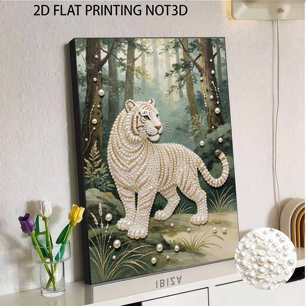 DIY Pearl Diamond Art Painting Kits for Adult and Beginners, Majestic White Tiger Sparkling Painting Craft Home Wall Decor Handmade Gift