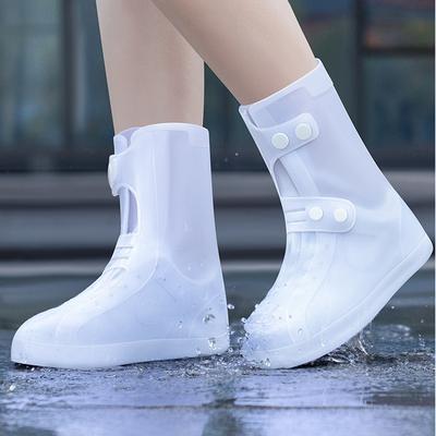 Weiße Schuh-Regenhülle, wasserdichte Überschuhe für Herren und Damen, hohe Oberseite, wiederverwendbar, mit Knopfleiste, Wasserschuhe, Schutz, Galoschen