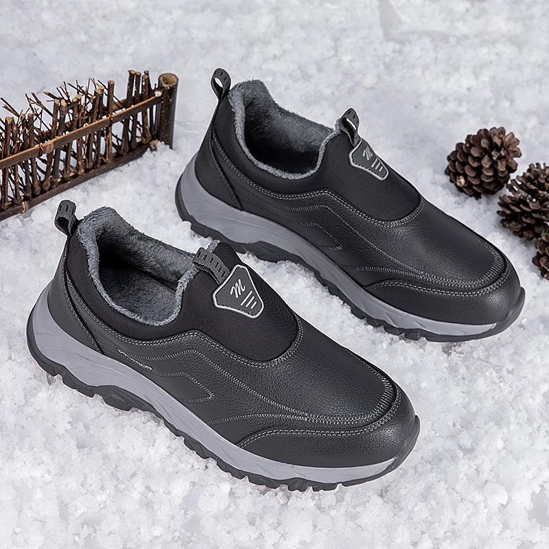 Winter Pu Leather Cotton Shoes Men Middle-Aged Couples Walking Cotton Shoes Plush Warm Slip-On Loafers Shoes Gift for Parents