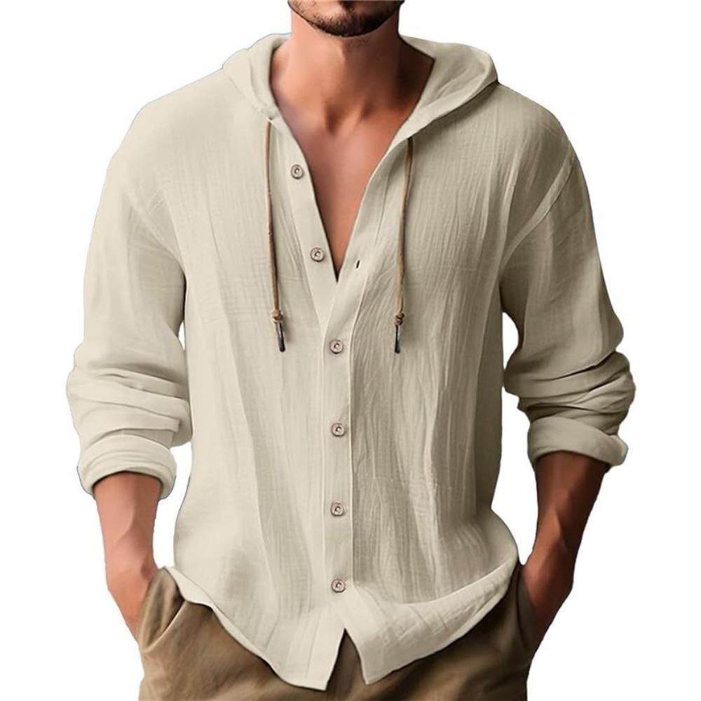 New Spring/Summer Men's Hooded T-Shirt Solid-Colour Cotton-Linen Blend Men's Casual Long-Sleeved Top