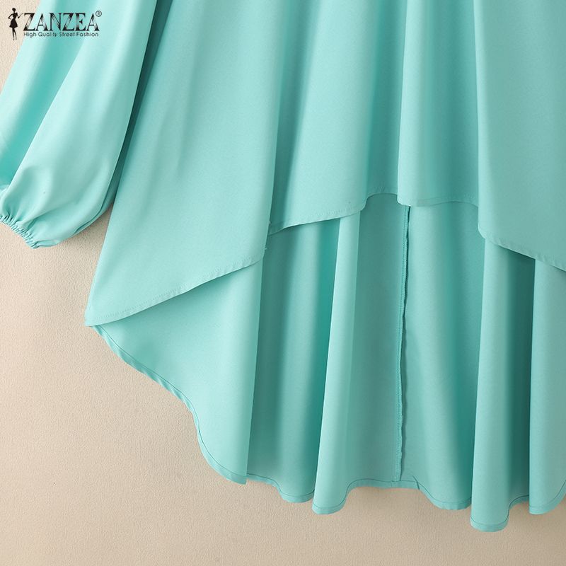 ZANZEA Women Casual Round Neck Loose Long Sleeve Asymmetrical Hem Cover Up Blouse
