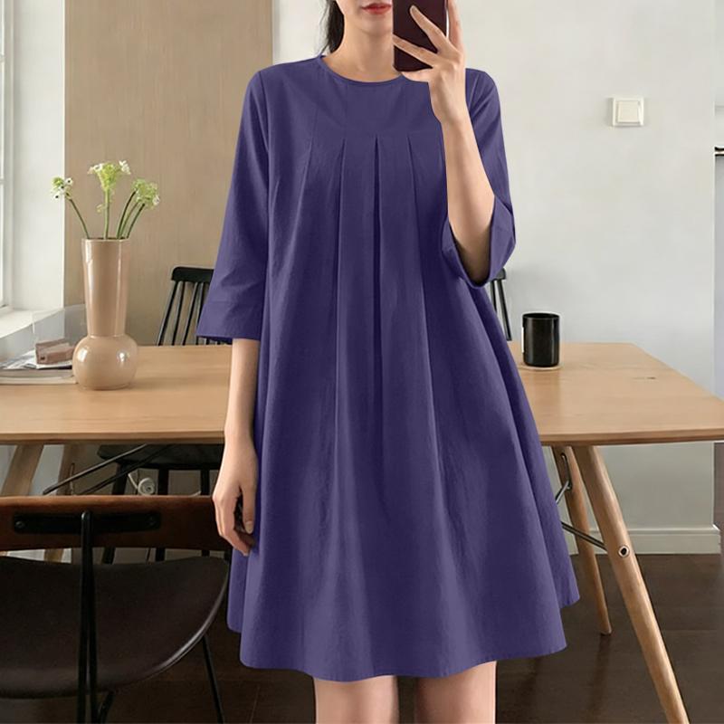 ZANZEA Women Casual Round Neck Solid Color 3/4 Sleeve Loose Dress