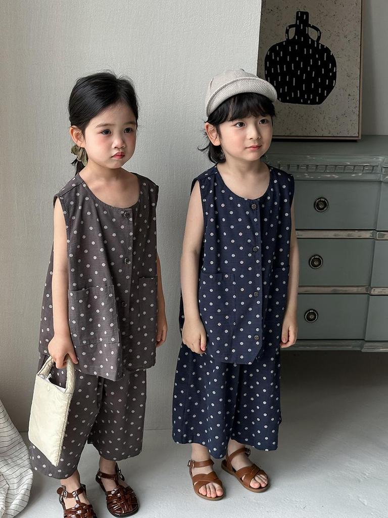 Jiaye Tongpin 2026 Kids' Polka Dot Sleeveless Top and Retro Cropped Pants Two-Piece Set