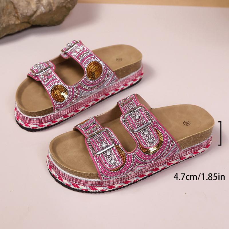 Ins New Thick-soled Hemp Rope Metal Buckle Rhinestone Cork Beach Slippers Large Size Shoes