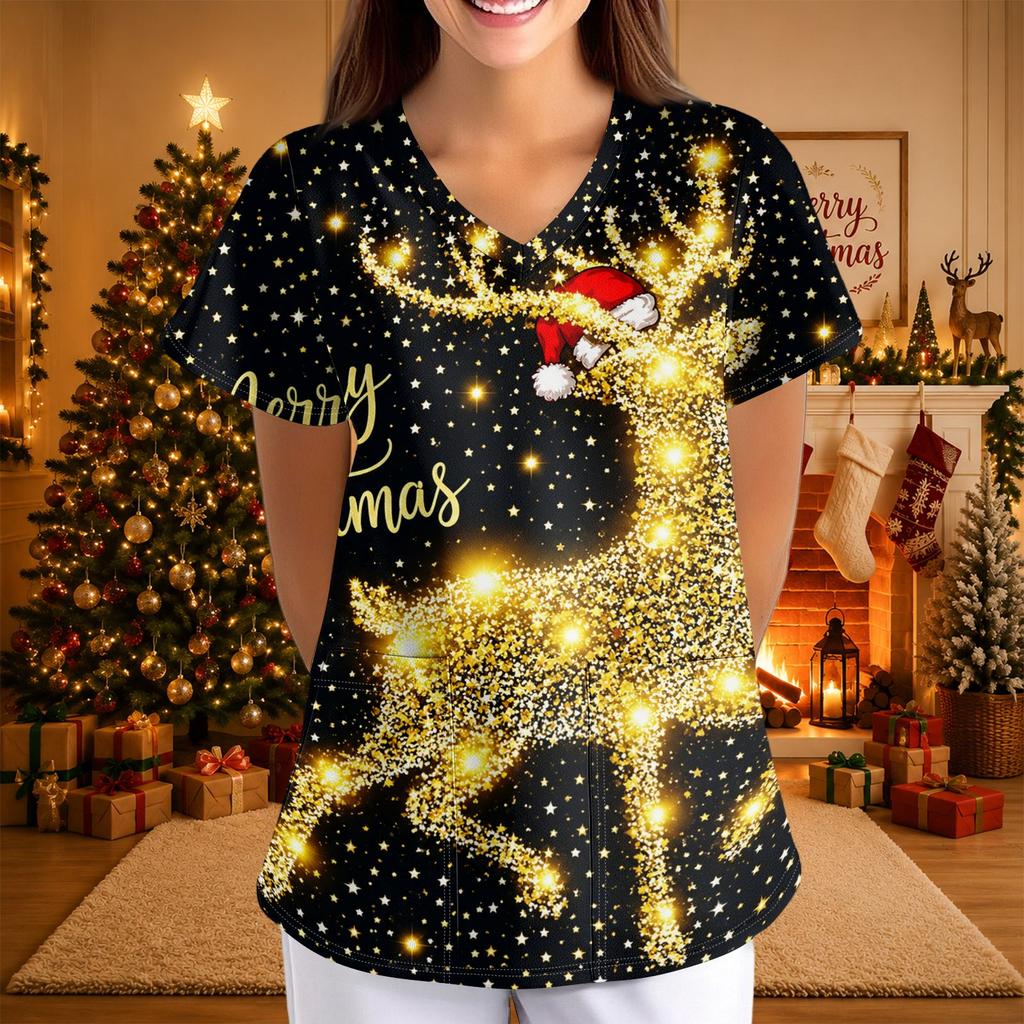 Women's Casual 3/4 Sleeve Neck Top with Christmas Print