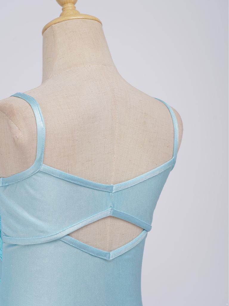Girls Ballet Mesh Dance Dress Spaghetti Straps Cutout Back Cross Ruched Front Built In Briefs