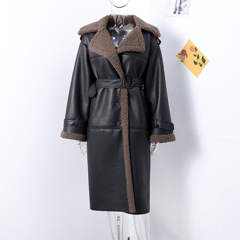 Women's Warm Thick Lapel Leather Jacket Winter Lamb Wool Long Sleeve Pocket Overcoat Single-breasted Street Trench Coats with Belt