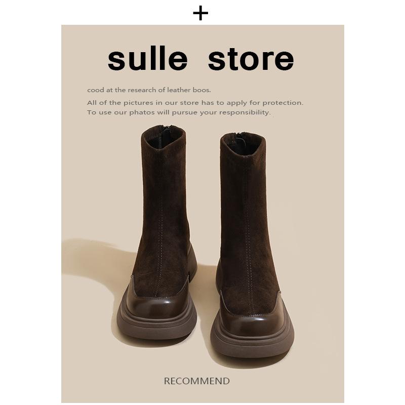 

Leather short boots women s new spring and autumn single boots brown flat early autumn elastic thin boots 39