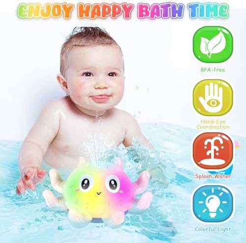 Jiosdo Glowing Octopus Bath Toys with Spray Light, Illuminated Baby Bath Toys, Water Spray Toy for Kids Gift for Boys and Girls (Pink)