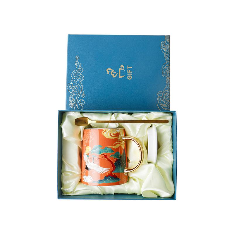 Creative National Tide Style Festive Mug With Spoon And Lid  Personality Ceramic Cup Chinese Style Couple Coffee Water Cup