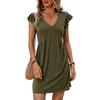Damen V-Ausschnitt Rüschen Kurzarm A-Linie Hohe Taille Einfarbig Midi Kleid Sommer Lässig Elegant Tägliches Tragen
