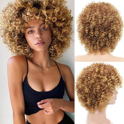 Short Afro Curls Ombre Hair Blonde Brown Burgundy Rayon Heat Resistant Suitable for Daily Wear by African American Women