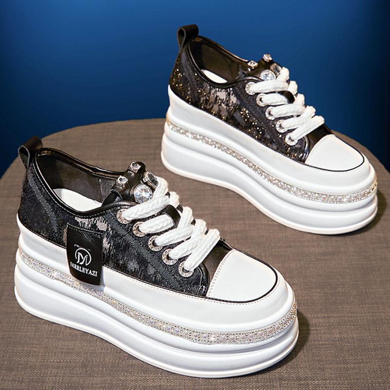 Women 8CM Platform Casual Outdoor Shoes Rhinestone Shine Decoration Sneakers Lace Up Walking Sport Breathable Thick Bottom Shoes