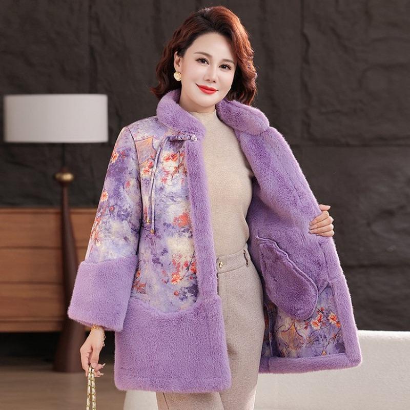 Mom autumn and winter new Chinese woolen coat medium and old women's clothing fleece thickened top woolen coat