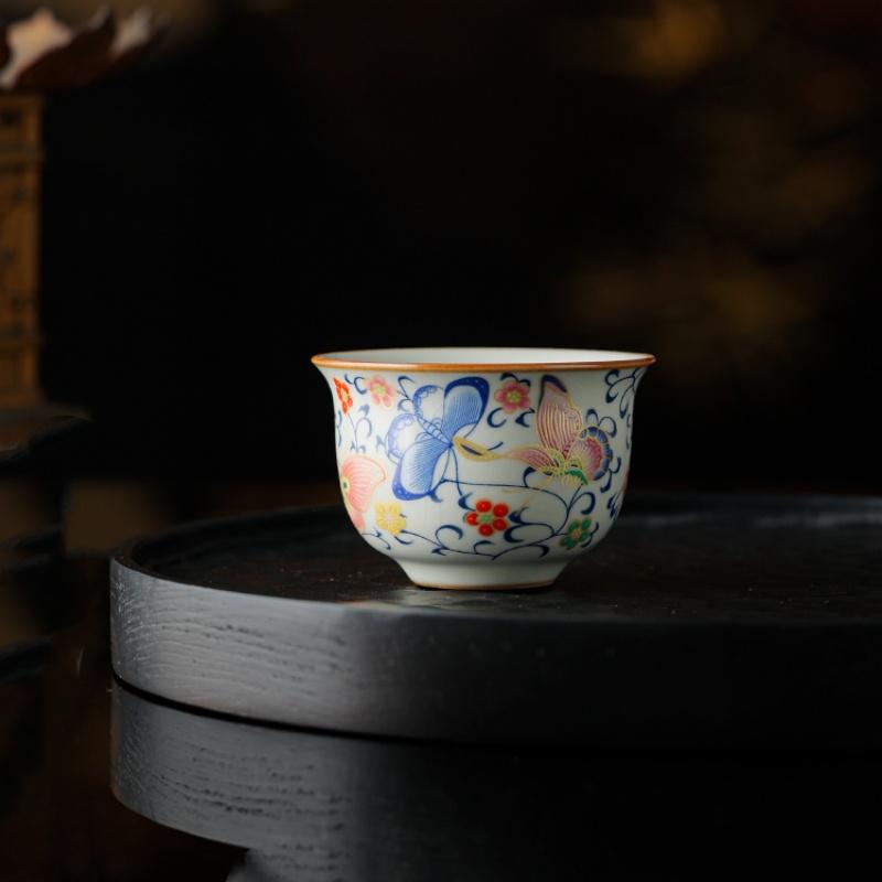 

65ml Small Sizse Ru Yao Butterfly And Lotus Chinese Tea Cup Ru Kiln Ceramic Opening Beautiful Teacup Flowers Teaware 200ml