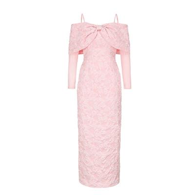 Elegante Damen-Abendkleider aus festem Tüll mit Blumen-Jacquardmuster, schulterfrei, lange Ärmel, hohe Taille, Damenmode 2026