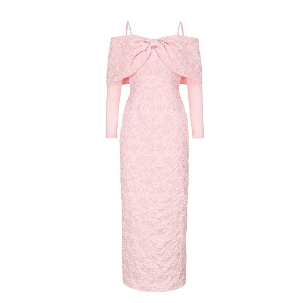 Solid Floral Jacquard-Patterned Tulle-Panel Dresses for Women Elegant Slash Neck Long Sleeve High Waist Evening Dress Female Fashion 2026
