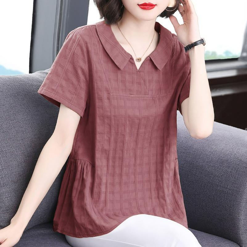 Cotton and Linen Shirt Women's Summer Thin Section Loose Large Size Mother Covering Belly Was Thin Casual Linen Top