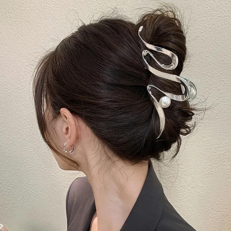 

Trendy Geometric Pearl Hair Claw Clips for Women Girls Classic Stainless Steel Wave Hair Clamps Headband Hairpin Bridal Jewelry