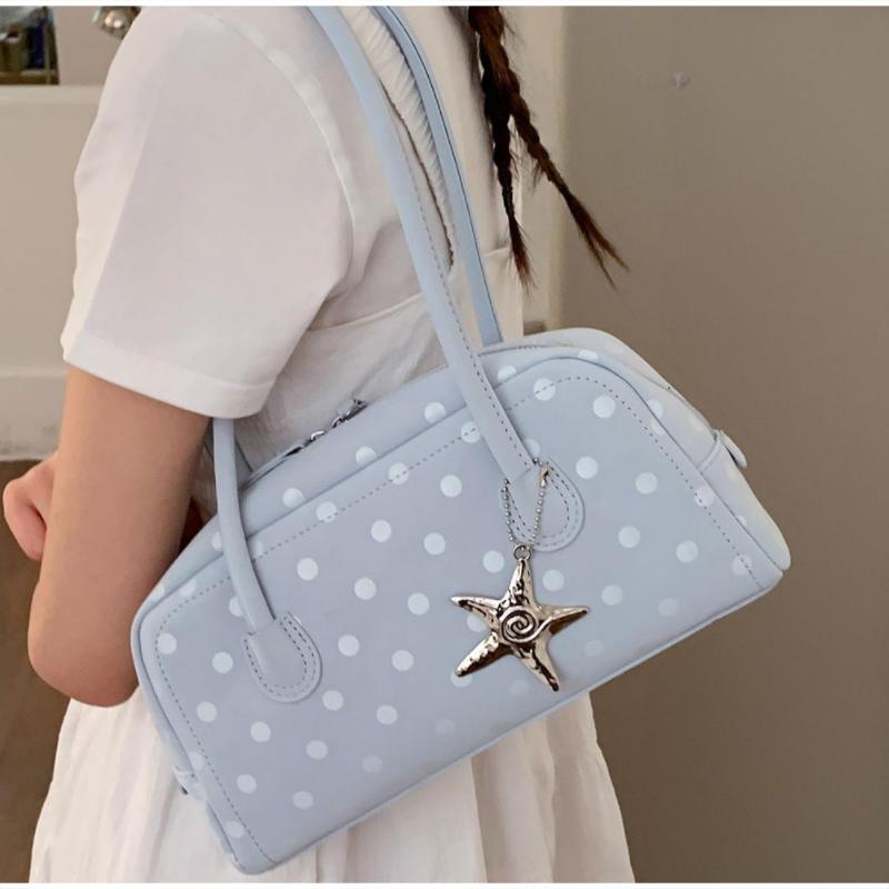 Korean Style Polka Dot Handbag Retro Bowling Bag Large Capacity Shoulder Bag Casual And Simple Underarm Bag With Star Charm