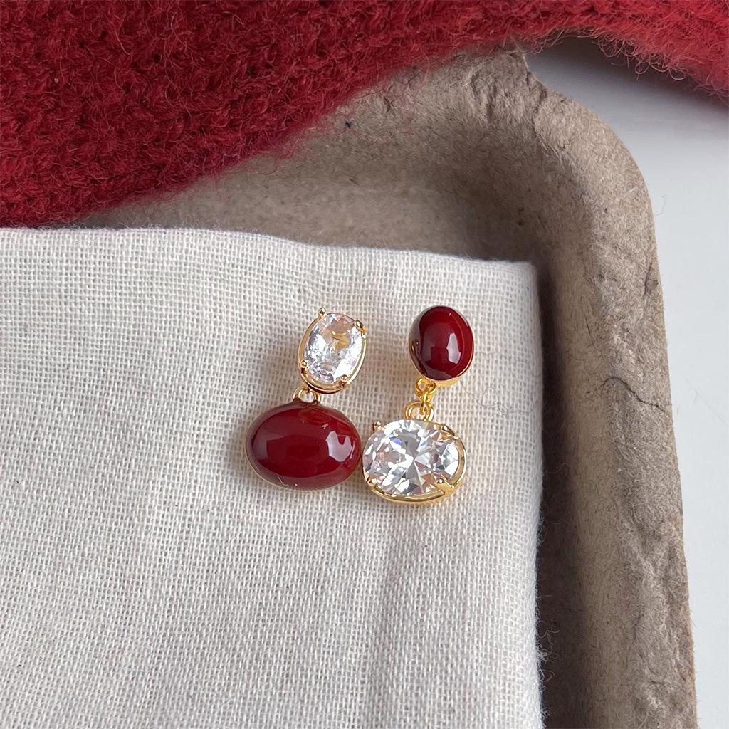 Ankela Red Fireworks Court-Style Love Heart Zirconia Stud Earrings - Wine Red Drip Glaze, Niche Luxury