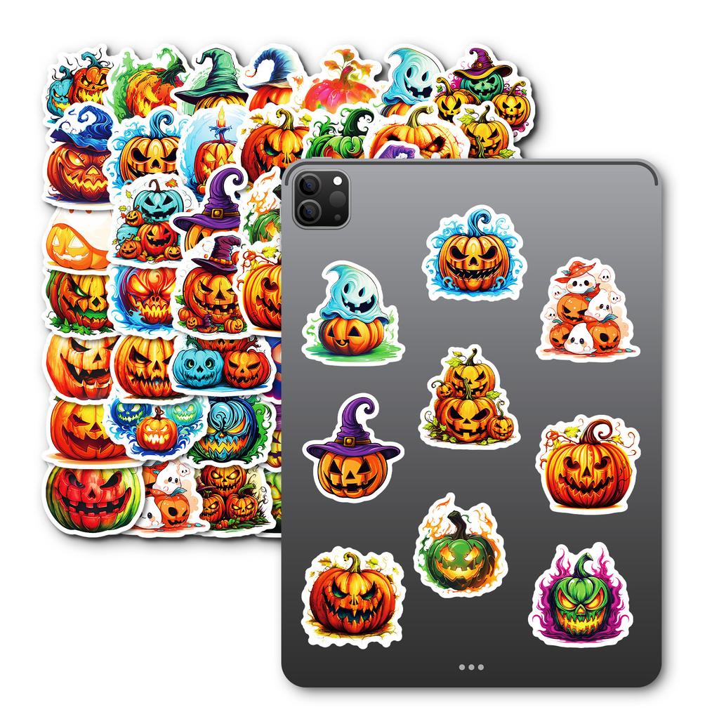  50Pcs Halloween Spooky Stickers - 2x1.8 Inch Durable Adhesive Decals for Phone, Laptop, Luggage, Party Decor