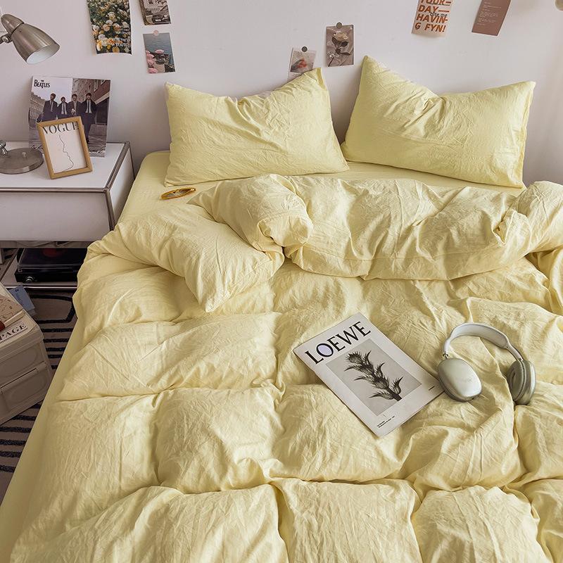Super Soft Bed 4Pcs Set, Pure Washed Cotton Quilt Cover, Bed Sheet Full Quilt Cover, Bed Hat Student Three 4-Piece Set