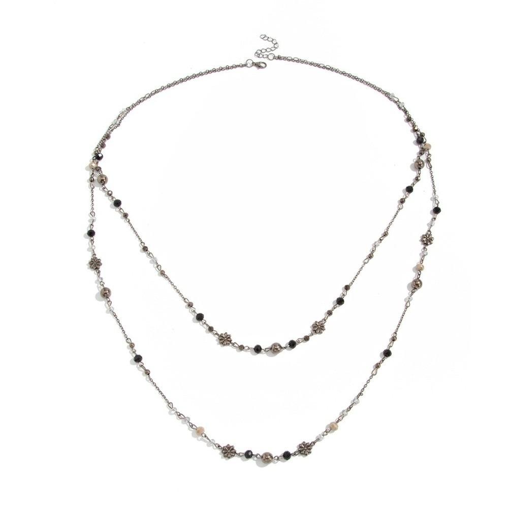 Colorful Flower Retro Double Layer Necklace Vintage Geometric Choker Beaded Sweater Chain Festival