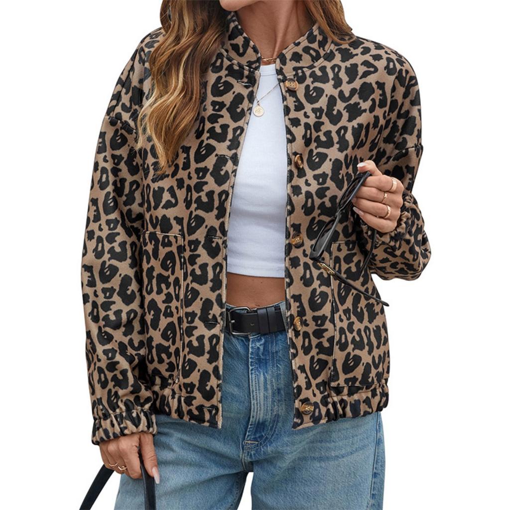 New Women's Vintage Leopard Print Stand Collar Jacket Fashion Personality Casual Outerwear For Spring Autumn