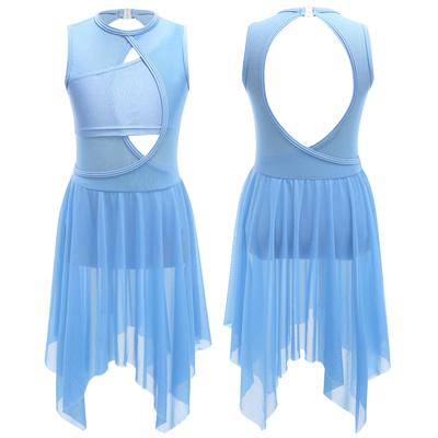 Lyrisches, modernes, zeitgenössisches Tanzkleid für Kinder, Ballett-Trikotkleid mit Ausschnitt vorne, rückenfreier Mesh-Tüllrock