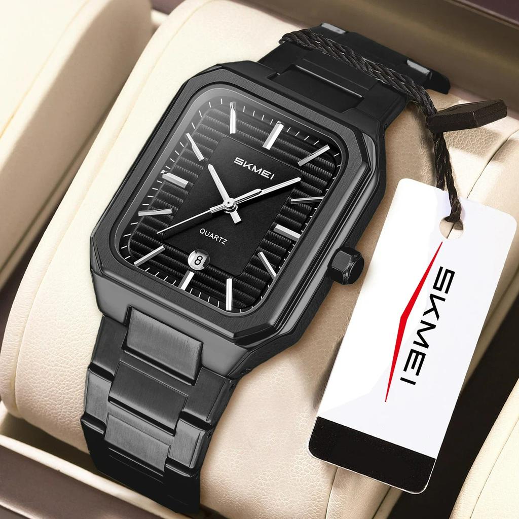 SKMEI Luxury Business Square Quartz Watches Classic Stripe Design Dial with Stainless Steel Band Wristwatch for Men