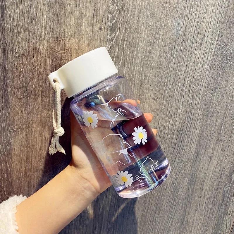 500ml Plastic Daisy Water Bottle with Portable Rope Travel Water Cup Juicing Bottles Tea Cup Female Student Creative Handy Cup