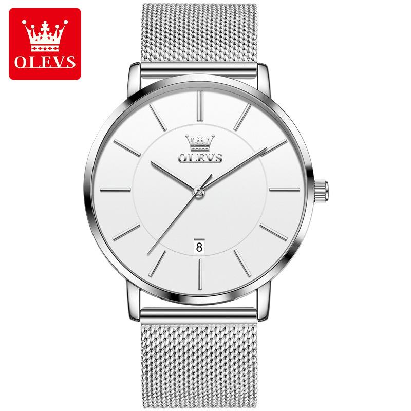 OLEVS Ultra Thin 6.5mm Minimalist Fashion Quartz Watch for Men Mesh Steel Strap Auto Date Waterproof Men Wristwatches