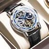 OLEVS Men's Mechanical Automatic & Manual Leather Fashion Watch Blue Skeleton Moon Phase Waterproof