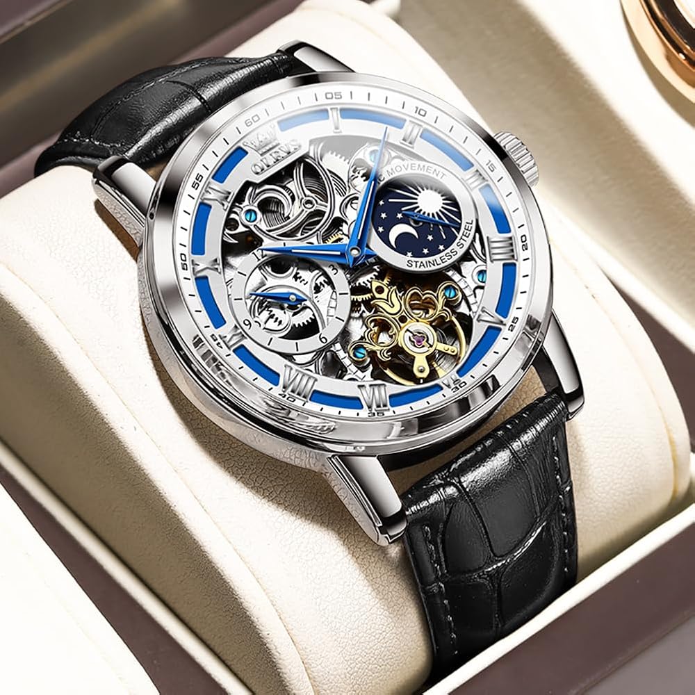 OLEVS Men's Mechanical Automatic & Manual Leather Fashion Watch Blue Skeleton Moon Phase Waterproof