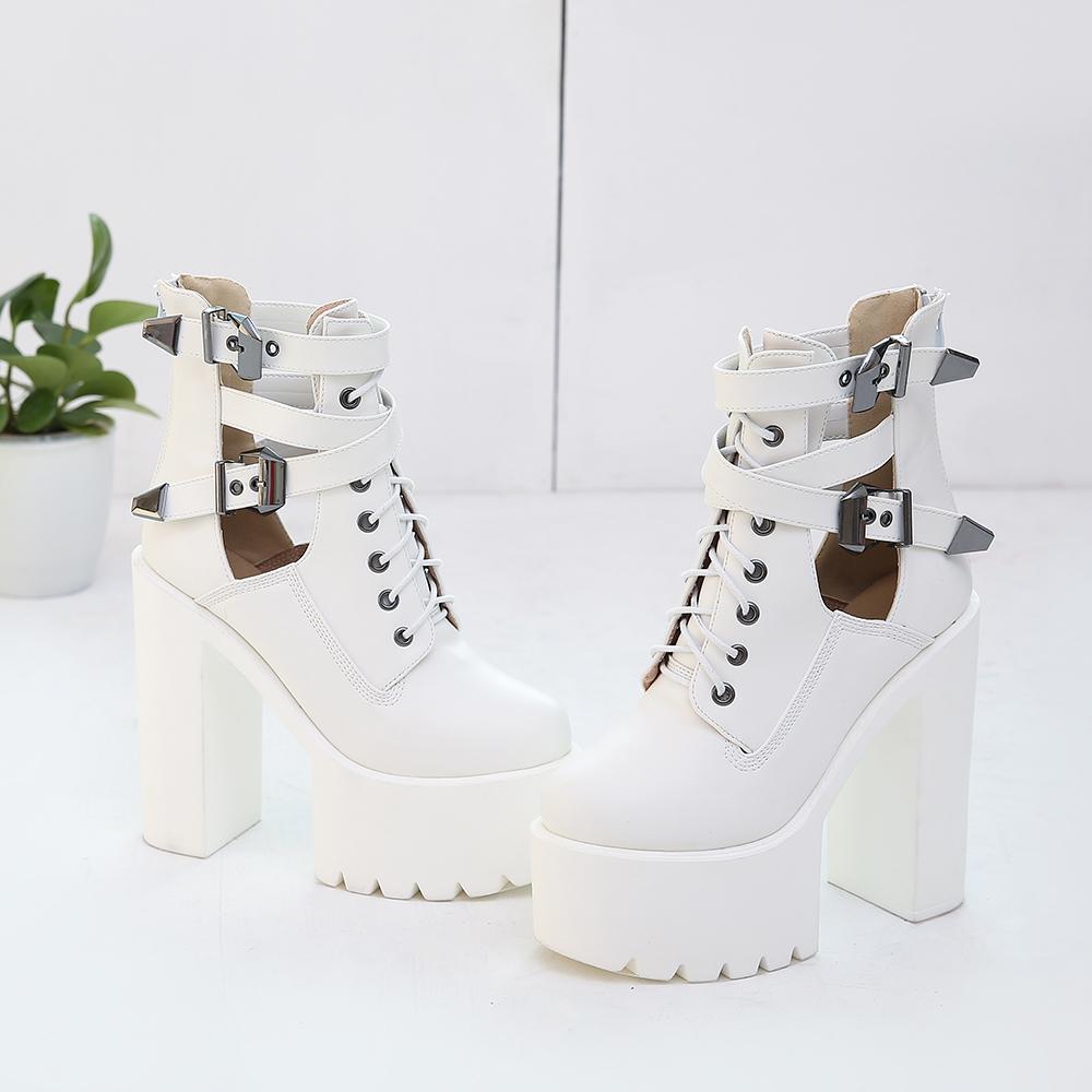 Womens Boots for Nightclub Shoes High Heels Hollow Out Ankle Boots Platform Heels Gothic Black Leather Short Boots for Lady