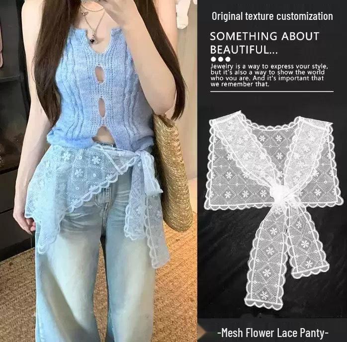 Korean Lace Embroidered Waistband Tulle Skirt with Layered Scarf Accessory