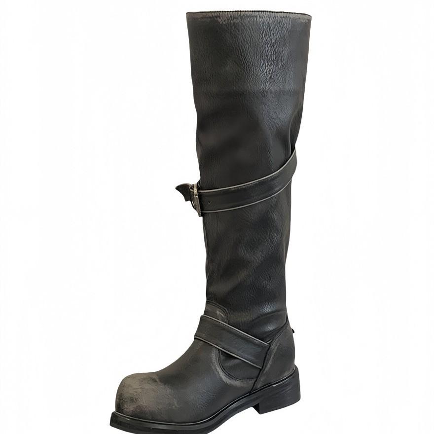 ~ Soft leather thick-soled double-buckle retro belt buckle rubbed long boots women's spring medium and high boots knight boots