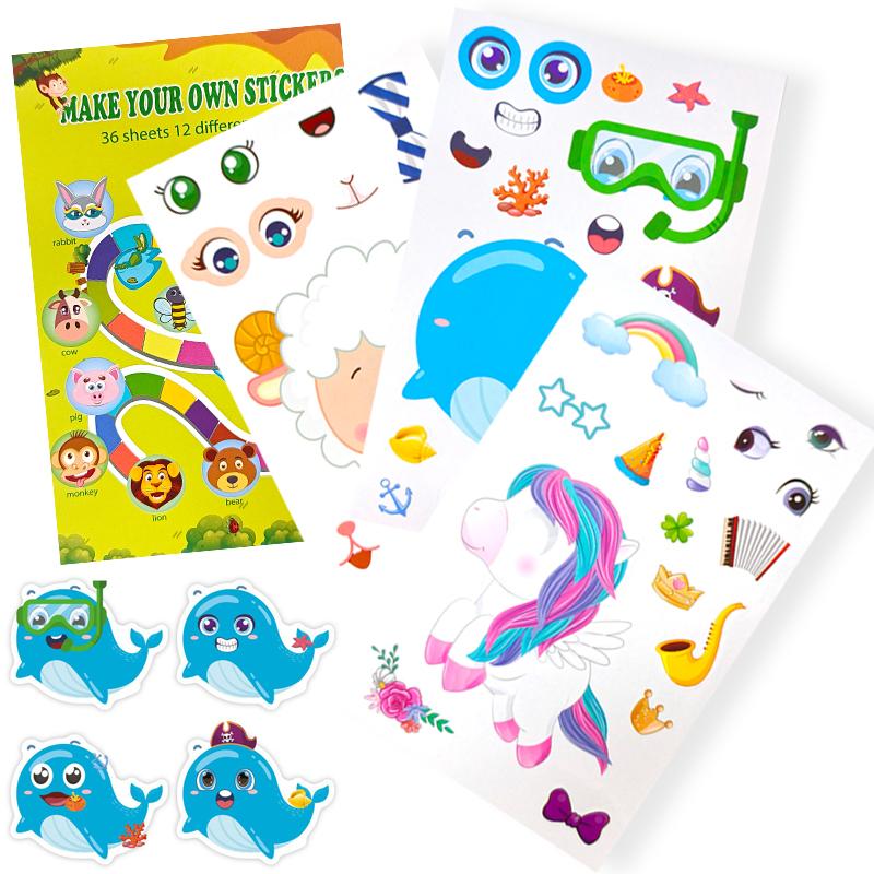 12Sheets Make A Face Diy Sticker Safari Animal Mermaid Decoration Kid Enlightenment Jigsaw Puzzle Stickers Funny Cartoon Pet Zyf
