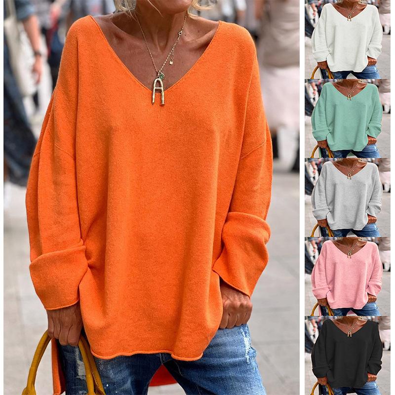 T-shirt Casual da Donna a Manica Lunga Larga, Colore Unito, Scollo a V, Comoda