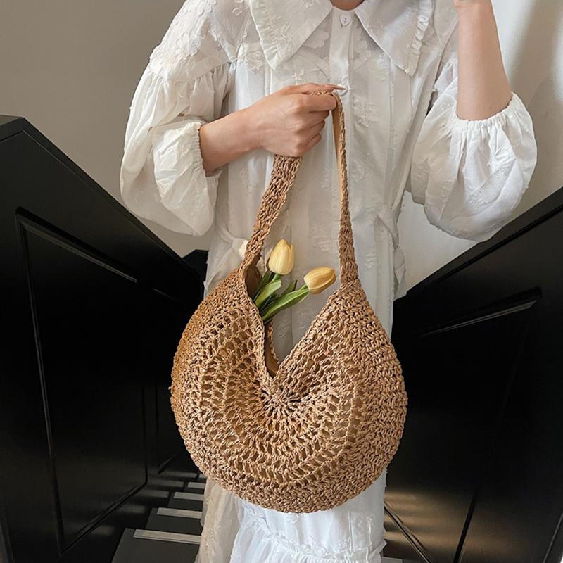 Yogodlns Borsa a Spalla Intrecciata in Paglia Oversize da Donna Casual Grande Capacità Mezzaluna Borsa a Mano Vacanza Estiva Leggera Borsa da Spiaggia Intrecciata a Mano