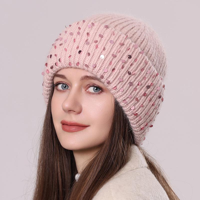 Pletená čepice z králičí kožešiny se sekviny Zimní teplá vlněná čepice Módní dámská čepice přes hlavu s ochranou uší