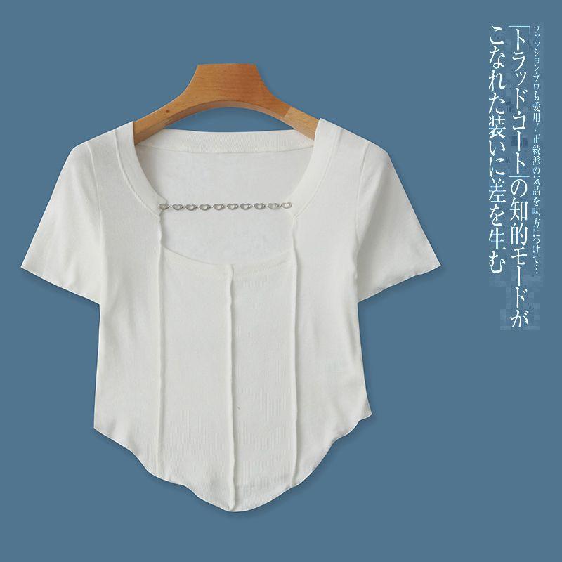 

Короткая футболка Лето Новая Женская одежда Стильная Простая и Универсальная Металлическая Цепочка Квадратный Вырез Пуловер Короткий Рукав Приталенная Футболка 28441 Rice White A- 9-14-1 S