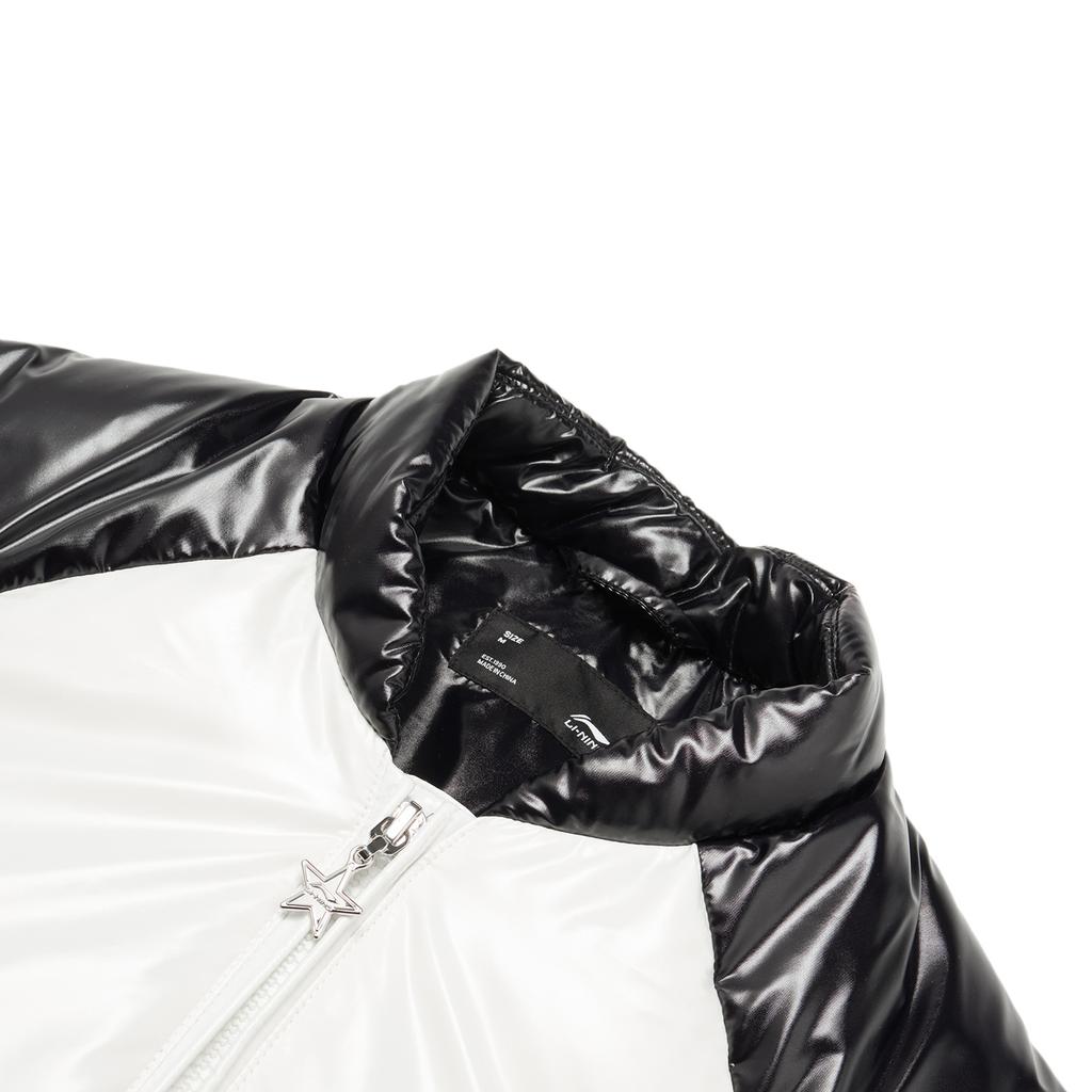 Li Ning Sports Lifestyle Series Color-Blocked Stand Collar Loose Short Down Jacket Women Outerwear Off-White Black AYMT368-1