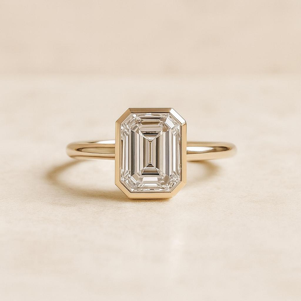 Emerald Cut Cubic Zirconia Solitaire Ring – Bezel Set 925 Sterling Silver Gold Plated Minimalist Engagement Promise Ring