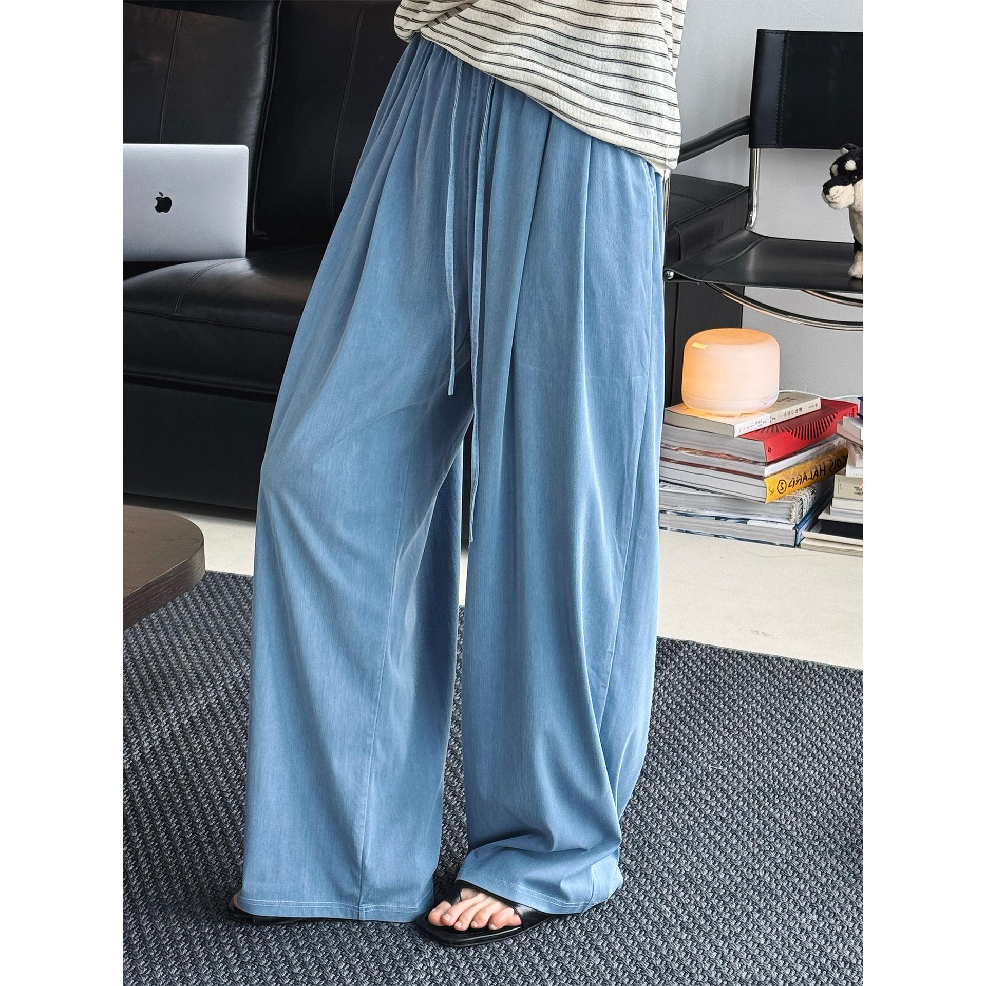 

Johnature Korean Elastic Waist Drawstring Pants Women Summer Simple Home Soft Drape Solid Color Loose Pants M синий