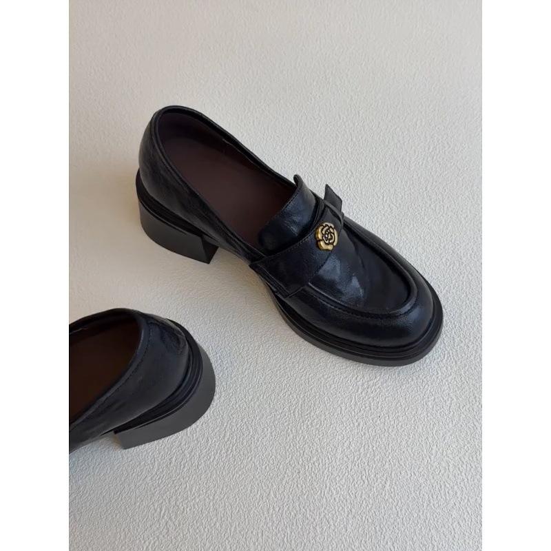 Cowhide Version~ Leather Thick Heel British Style Camellia Round Head One Pedal Loafers Women's Retro Small Leather Shoes Single Shoes