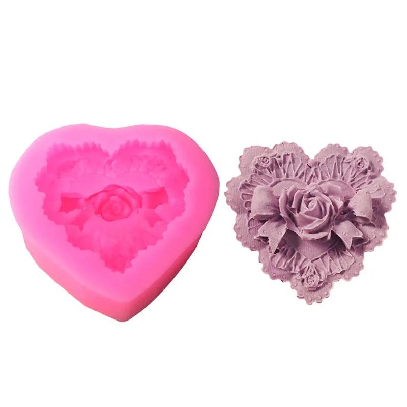 3D Rose Bowknot Flowers Silicone Chocolate Mould Heart Love Soap Mold Candle Polymer Clay Mold Crafts DIY Forms Soap Base