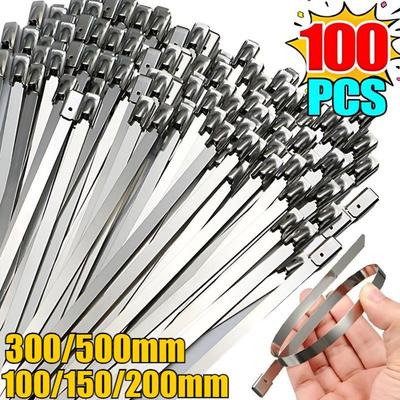 100Pcs Stainless Steel Cable Tie Reusable Self-sealing Fastening Rings Cable Tie Multi-Purpose Metal Hardware Cable Organizer